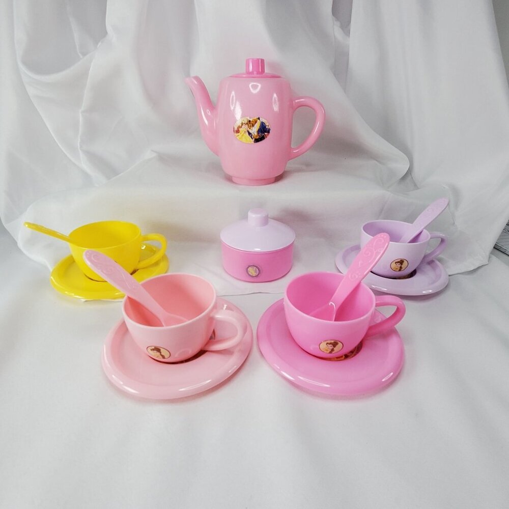 Disney Princess Belle & Beast Childs Play Tea Set Cups Saucers Teapot Spoons - Picture 2 of 12